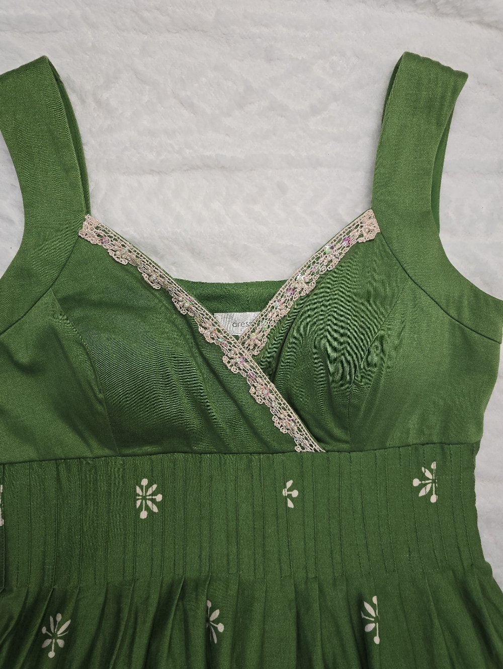 Dressbarn Fit Flare Dress Green Retro Print Sleeveless Beaded Sweetheart Neck 4 - Picture 8 of 12